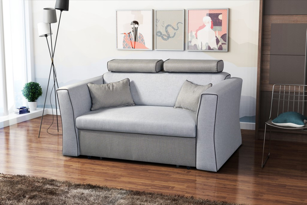 Rozkładana Sofa Vitoria szara z ozdobną brązową lamówką i wzorem w kratkę 