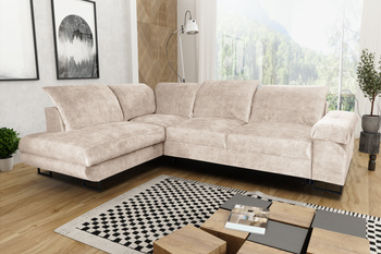 Stylish Corner sofa - Salerno L, left side, cream, with sleeping function, bedding storage and cushion-shaped headrests
