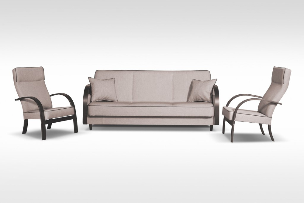 Klappsofa Murcia mit Sesseln in Beige mit braunem Keder