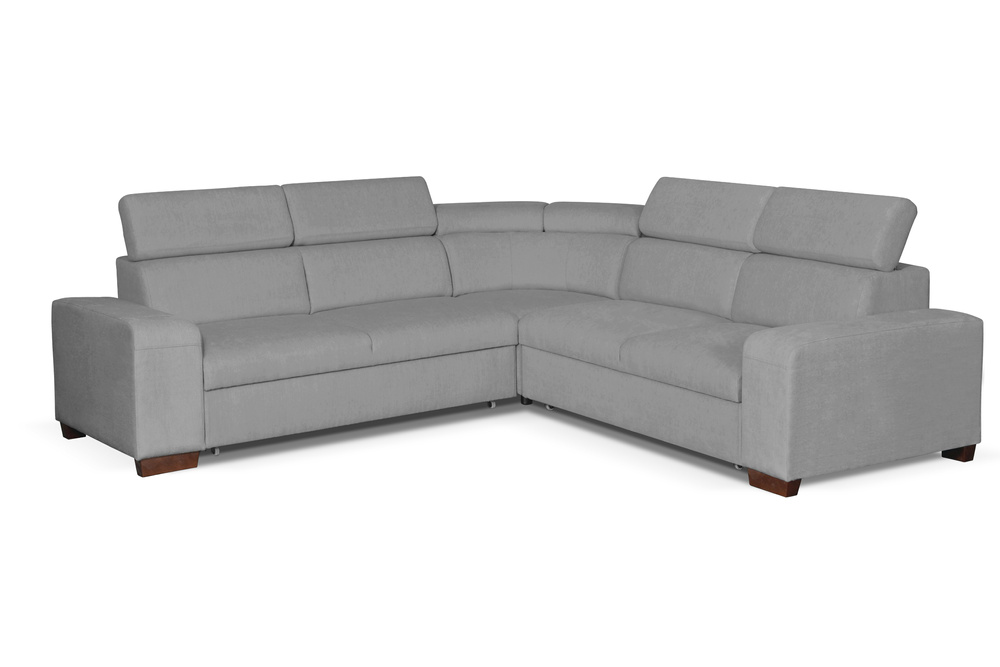 Elegantes Ecksofa Cádiz klappbar: Kopfstützen und Bettkasten in Grau