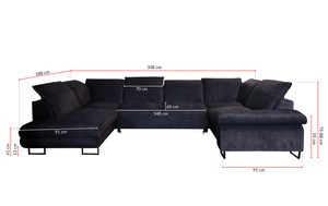 Elegantes Ecksofa Verona - Blaues Ecksofa in U-Form mit Schlaffunktion, 2 Bettkästen und verstellbaren gepolsterten Kopfstützen