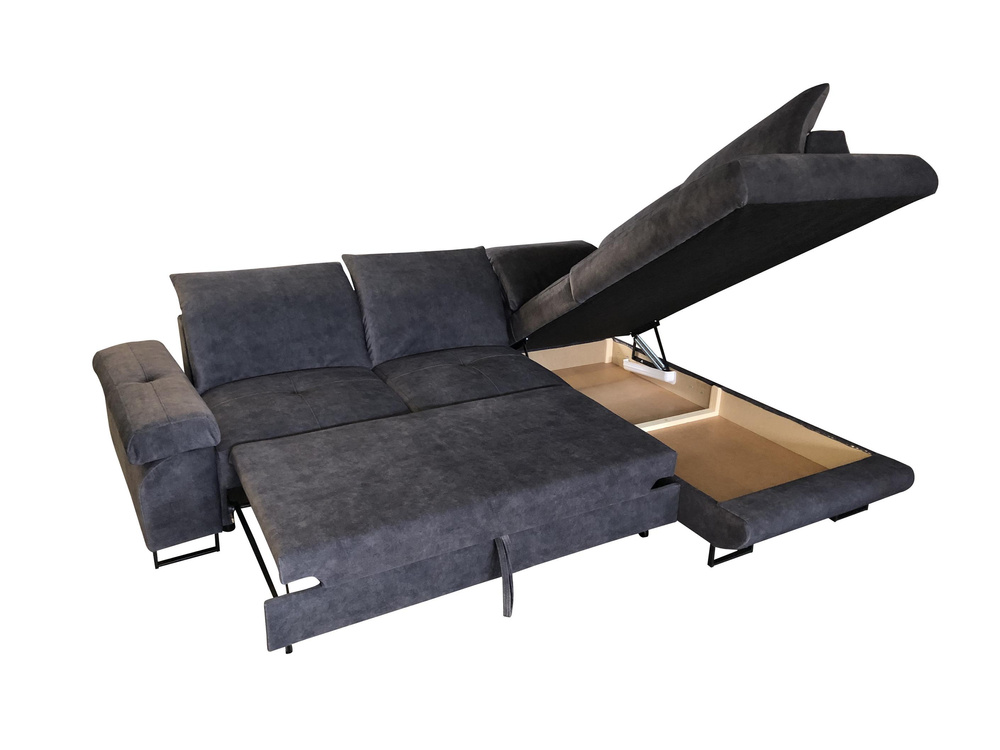 Stylish Corner sofa - Salerno L, right side, blue, with sleeping function, bedding storage and cushion-shaped headrests