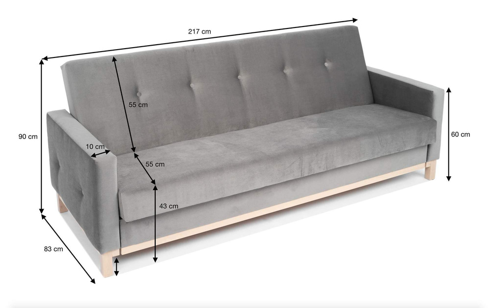 Ausklappbares Sofa AVILA Graphit - Mit Steppung und praktischem Behälter angereichert 