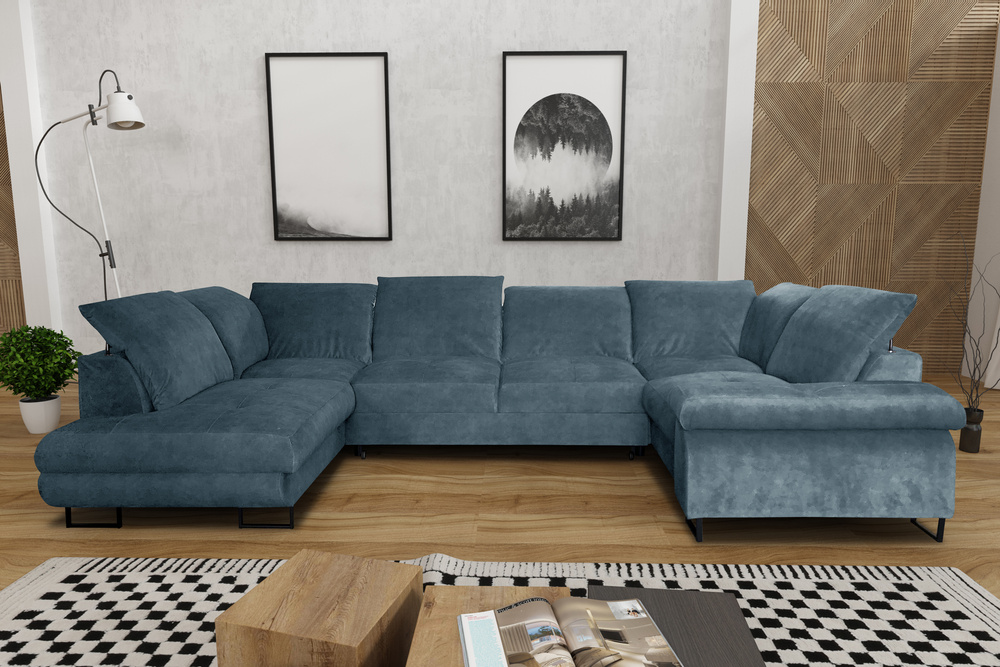 Elegant Verona Corner sofa - U-shaped blue corner sofa with sleeping function, 2 bedding bins and adjustable cushioned headrests
