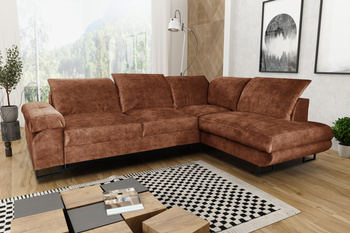 Stylish Corner sofa - Salerno L, right side, light brown, with sleeping function, bedding storage and cushion-shaped headrests