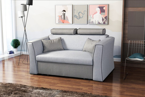 Rozkładana Sofa Vitoria szara z ozdobną brązową lamówką i wzorem w kratkę 