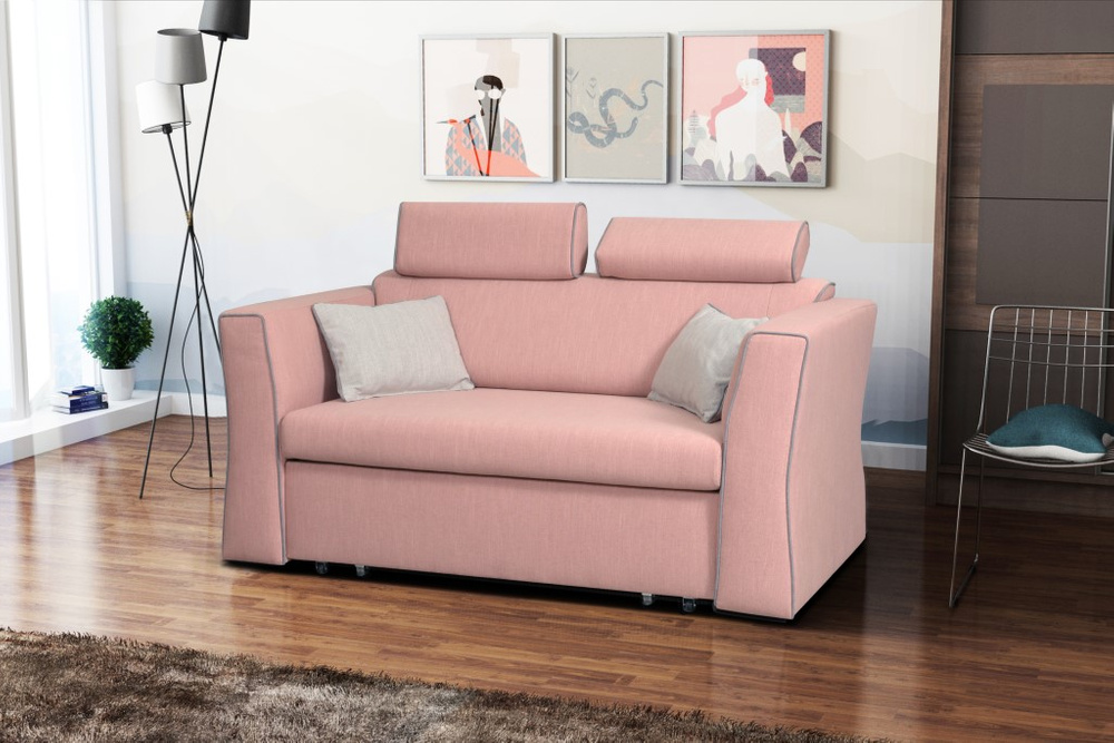 Rozkładana Sofa Vitoria różowa z ozdobną szarą lamówką 