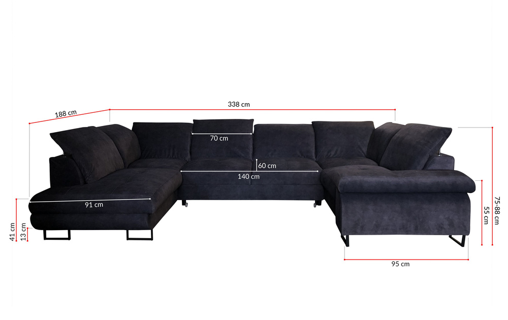 Elegantes Ecksofa Verona - Blaues Ecksofa in U-Form mit Schlaffunktion, 2 Bettkästen und verstellbaren gepolsterten Kopfstützen