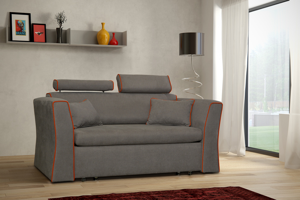 Rozkładana Sofa Vitoria zimny brąz z ozdobną pomarańczową lamówką 