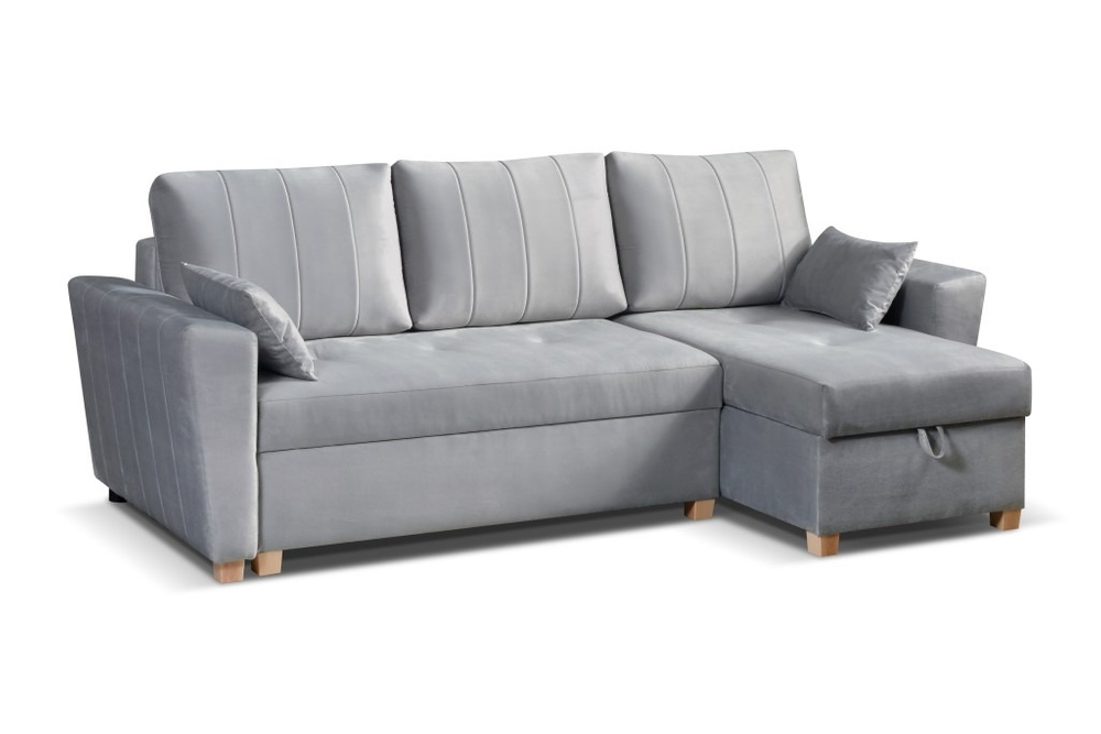 Modernes Ecksofa mit Klappfunktion - Navarre Right Grey mit abgewinkelten Rückenlehnen 