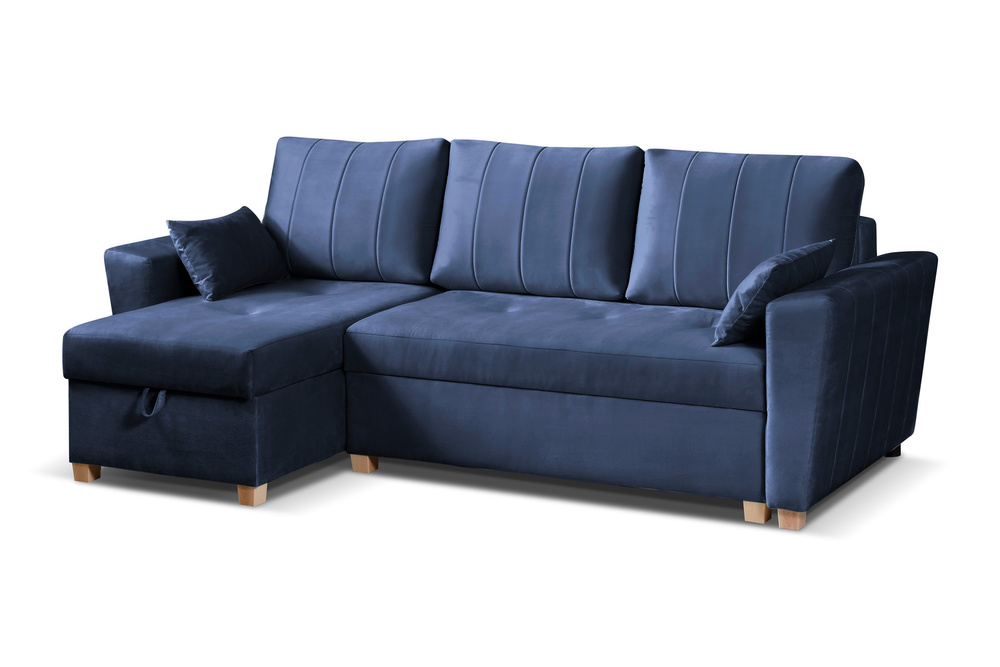 Modernes Ecksofa mit Klappfunktion - Navarre Left Marineblau mit abgewinkelten Rückenlehnen