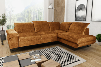 Stylish Corner sofa - Salerno L, right side, amber, with sleeping function, bedding storage and cushion-shaped headrests