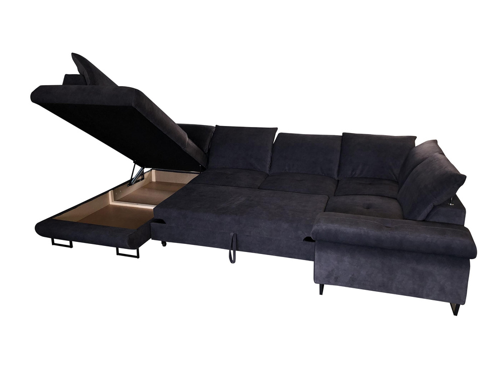 Elegantes Ecksofa Verona - Blaues Ecksofa in U-Form mit Schlaffunktion, 2 Bettkästen und verstellbaren gepolsterten Kopfstützen