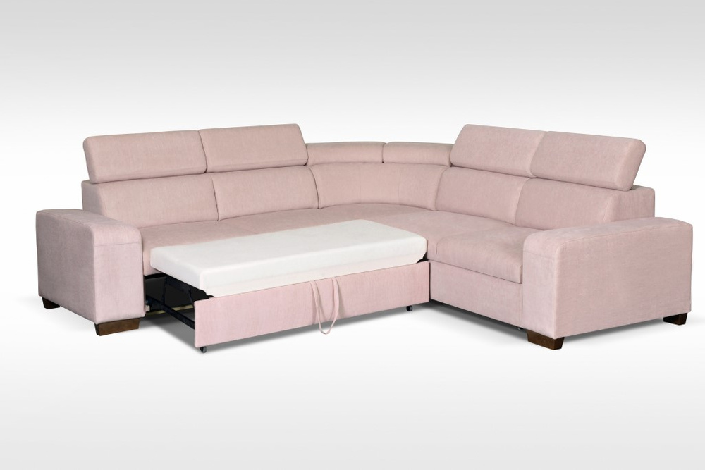 Elegantes Ecksofa Cádiz klappbar: Kopfstützen und Bettkasten in Gelb 