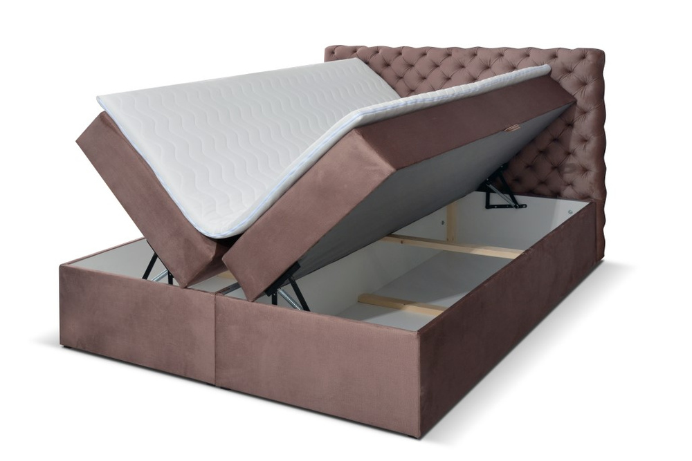 Comfortable Pink-Vigo Bed 140x200 with quilted headrest and practical bedding bins